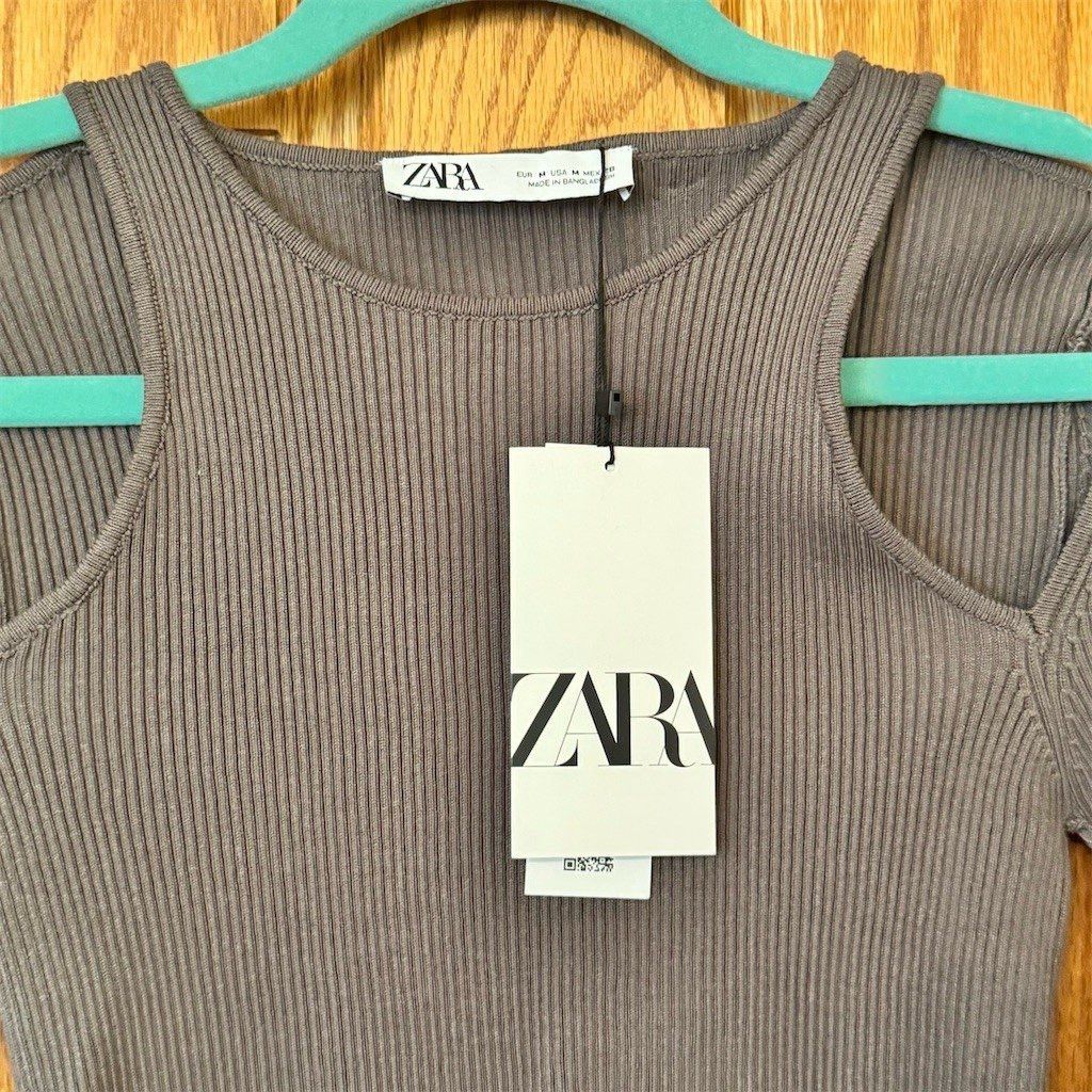 Zara ZARA Cropped Top Womens M Brown Taupe Ribbed Knit Cutout Sh Size M / US 6-8 / IT 42-44 - 4 Thumbnail