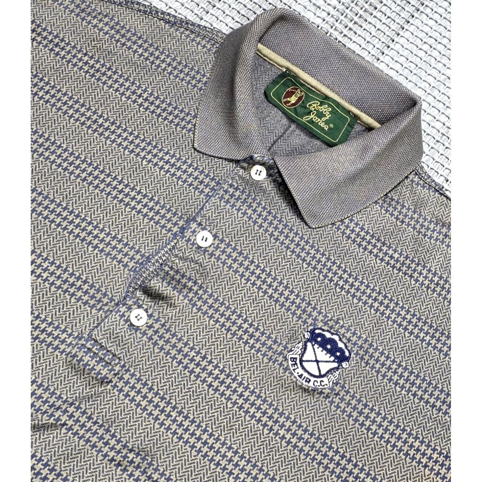 Vintage Bobby Jones Bel-Air C.C Embroidered Polo Shirt L Gray Houndstooth Button-Up Short Sleeve Italy Vintage Mens Size US L / EU 52-54 / 3 - 5 Thumbnail