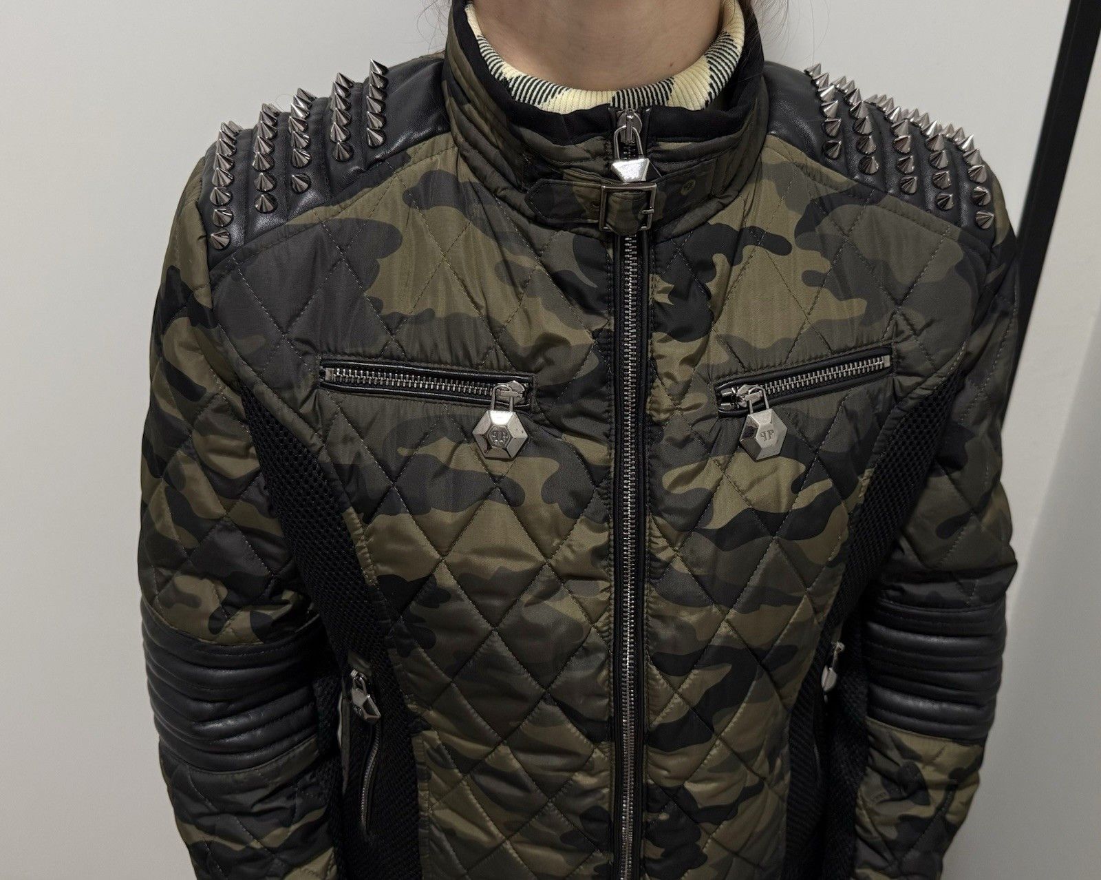 Philipp Plein Philipp Plein Womens Camo Camouflage Jacket Spikes Biker Size L / US 10 / IT 46 - 6 Thumbnail