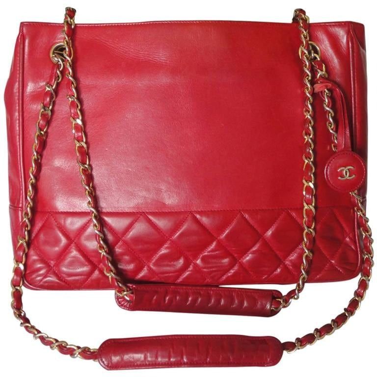 Vintage CHANEL red calfskin classic shoulder tote bag