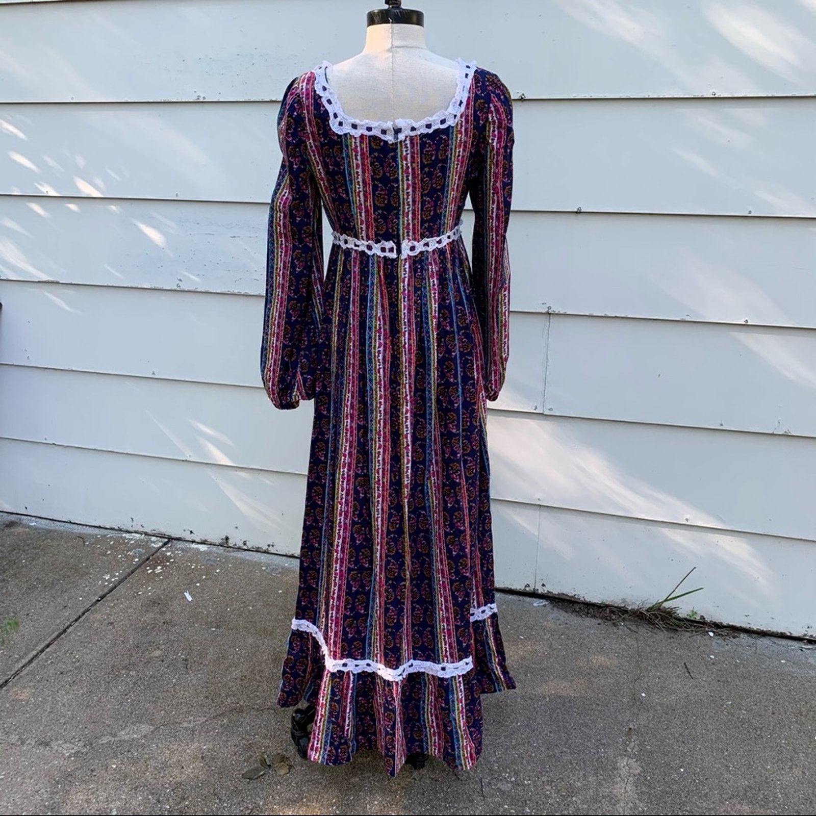 Vintage 70s flannel moody peasant prairie dress Paisley Stripe MED? Size M / US 6-8 / IT 42-44 - 4 Thumbnail