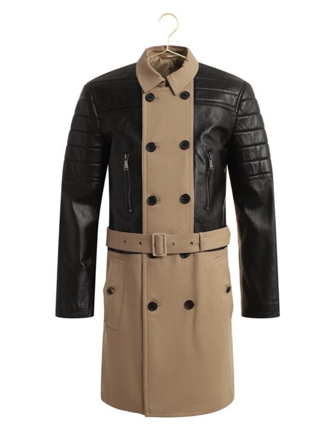 Image of Neil Barrett Leather Biker Double Breasted Combined Coat in Beige, Men's (Size 2XL)