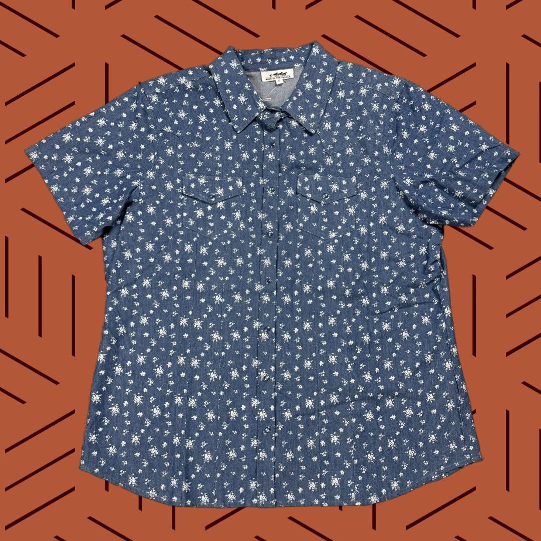 Vintage VINTAGE Back In The Saddle Women's XL Cowboy Style Short Sleeve Button-Up Shirt Floral Print Cotton Blue Size XL / US 12-14 / IT 48-50 - 1 Thumbnail