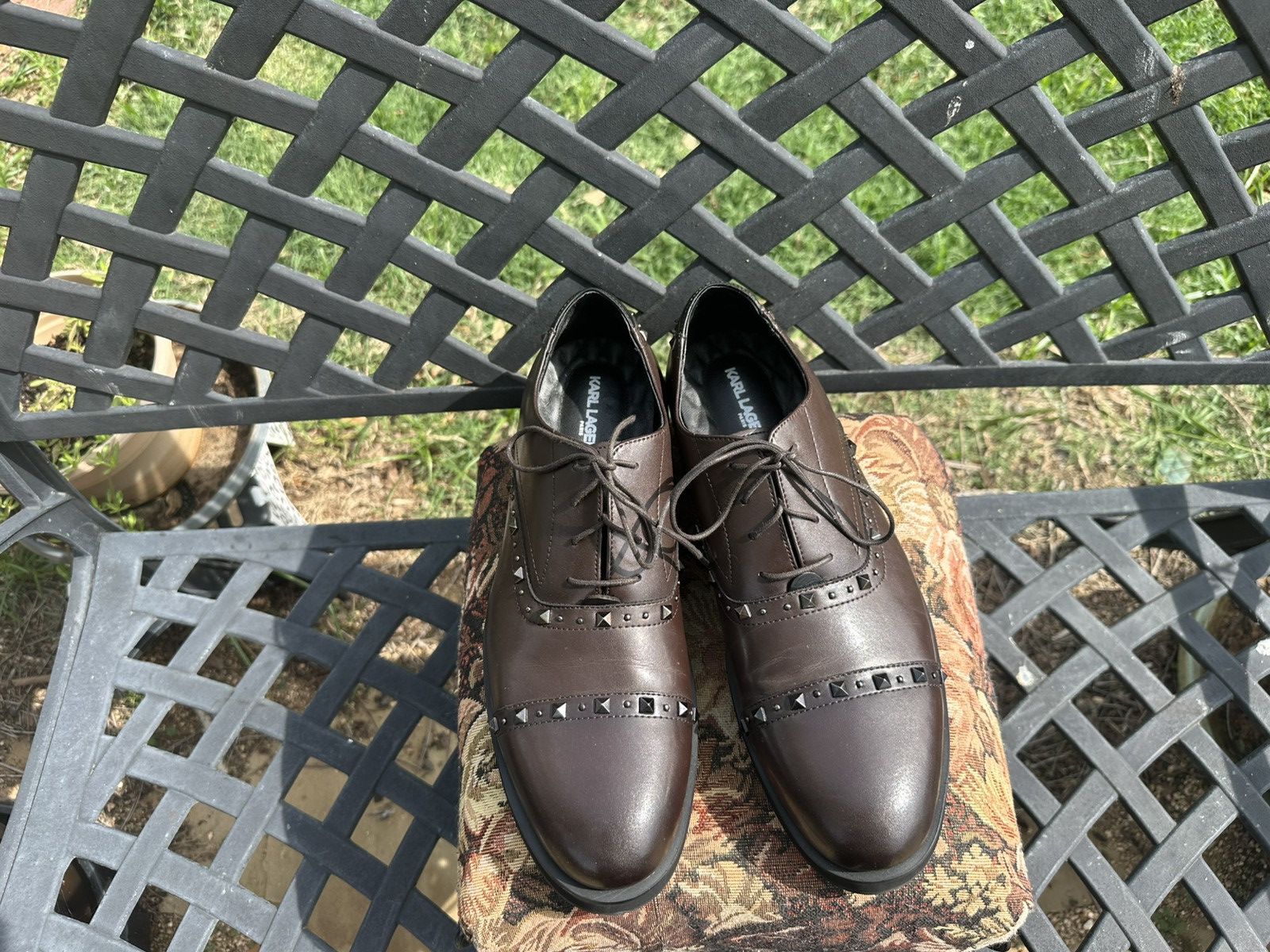 Karl Lagerfeld KARL LAGERFELD Brown Leather Studded Oxford Men's Dress Shoe Size US 10.5 / EU 43-44 - 3 Thumbnail