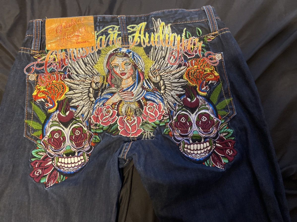 Christian Audigier Rare Virgin Mary jeans size 33X32 | Grailed
