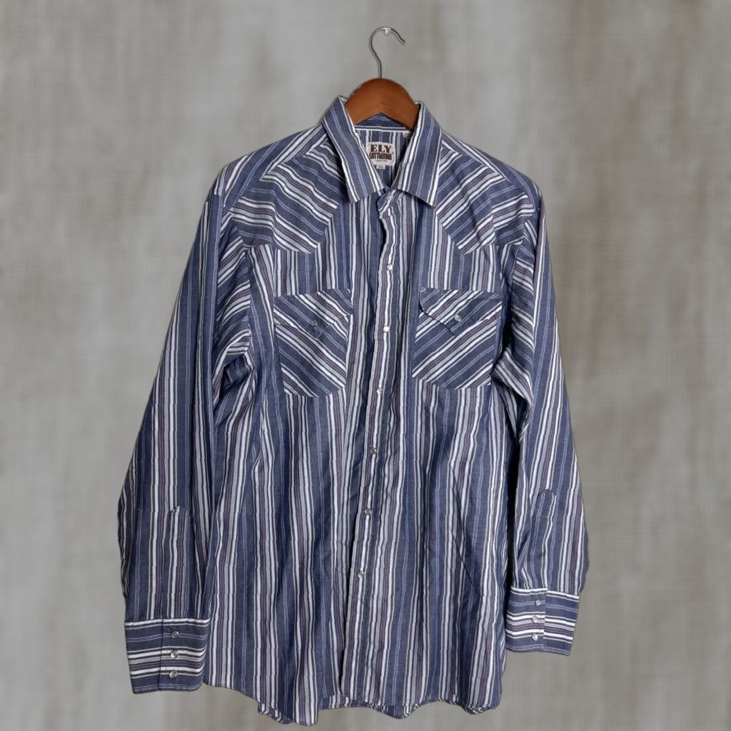 Vintage VINTAGE Ely Cattleman Shirt Long Sleeve Blue Stripe XL Cotton Pearl Snap Mens Size US XL / EU 56 / 4 - 1 Thumbnail