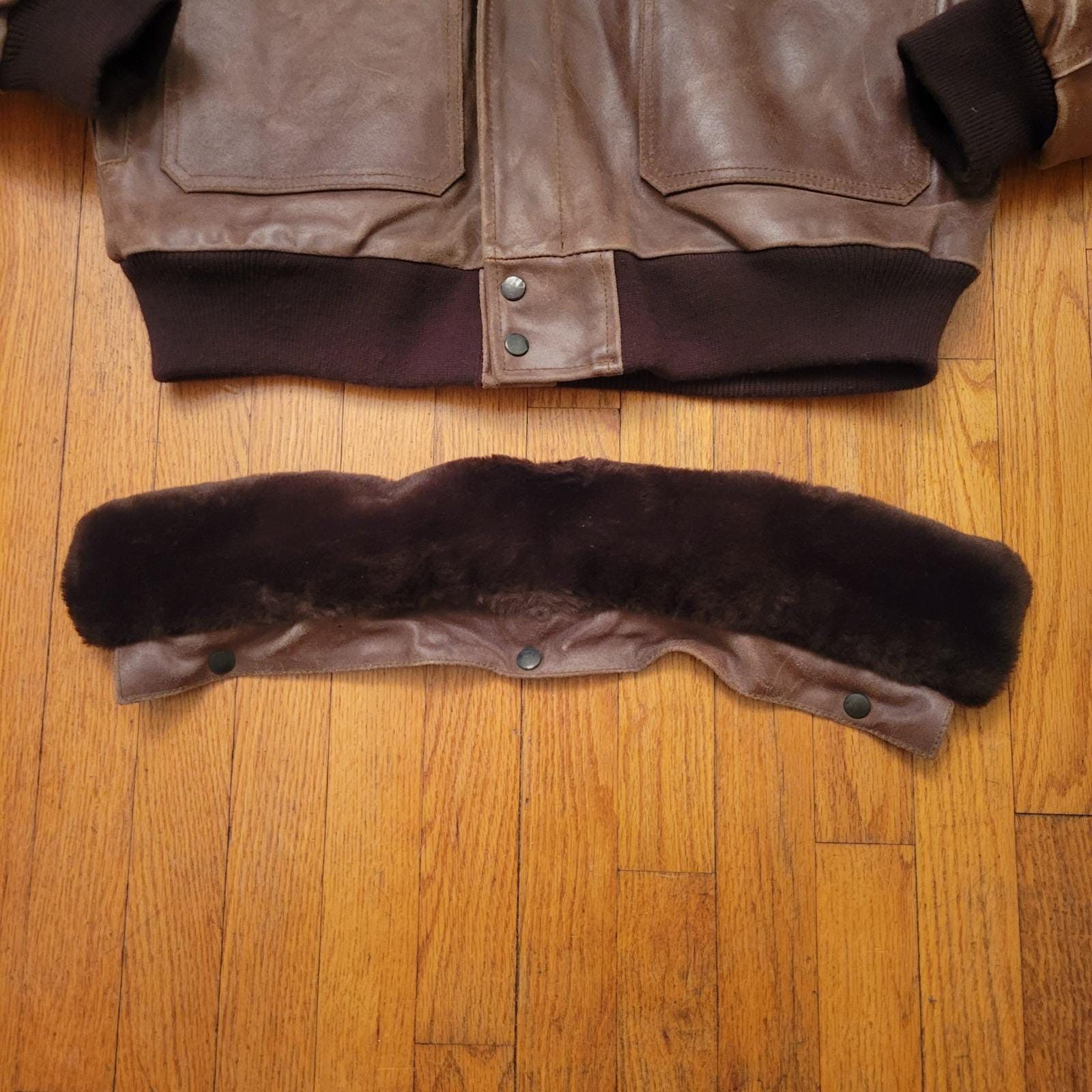 Vintage S Brown Leather Bomber Jacket Faux Fur Collar Aviator Flyboy Size US S / EU 44-46 / 1 - 16 Thumbnail