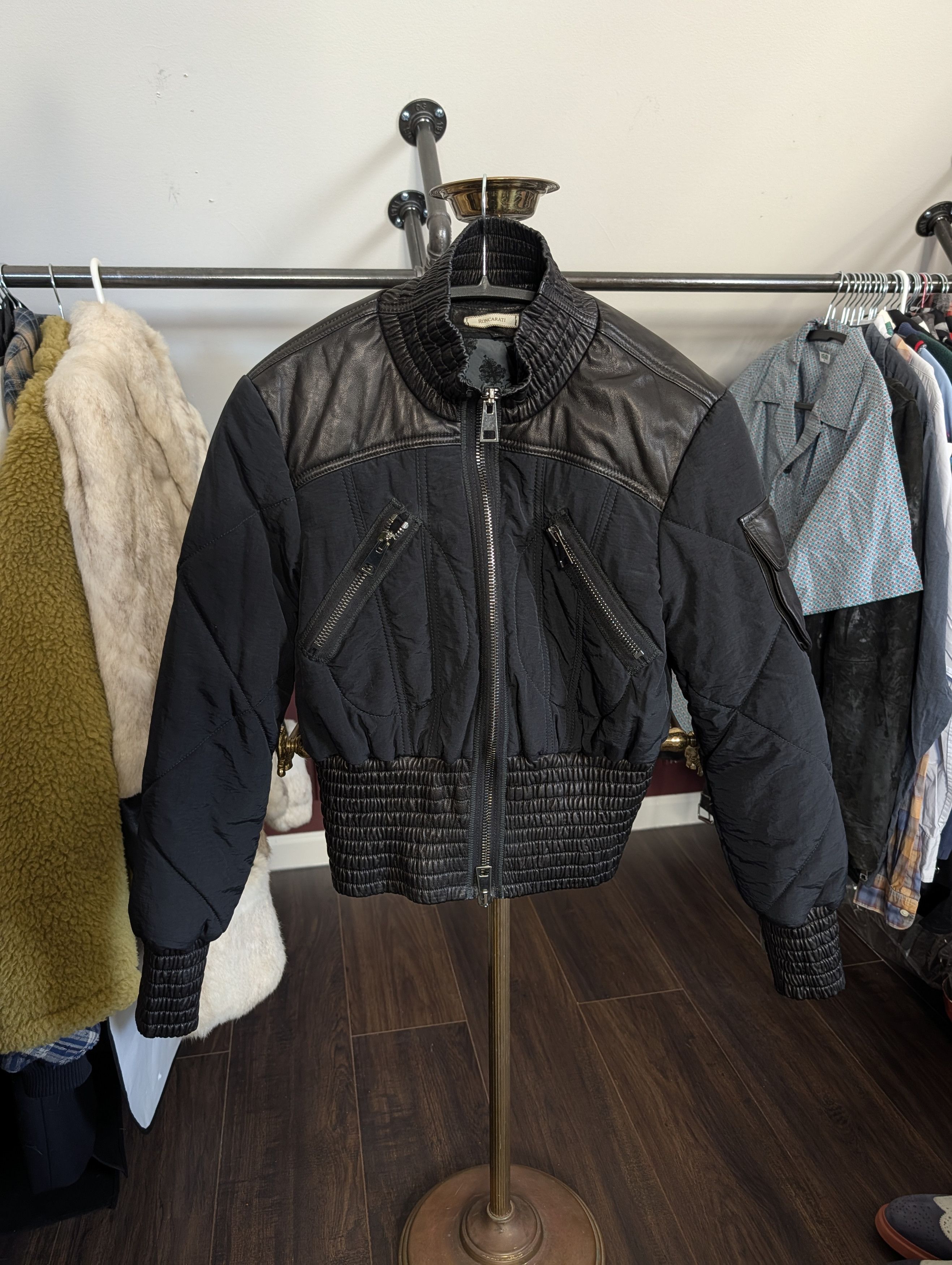Italia Independent RONCARATI Lamb Leather Quilted Nylon Cropped Bomber Size M / US 6-8 / IT 42-44 - 1 Thumbnail