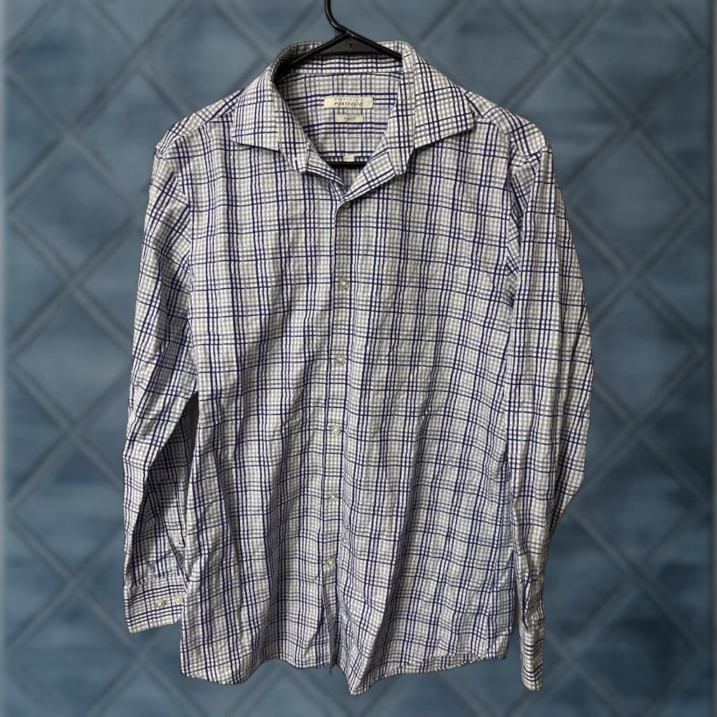 Perry Ellis Perry Ellis Slim Fit Button-Up Long Sleeve Blue Plaid Shirt 15.5 Mens Size US M / EU 48-50 / 2 - 1 Thumbnail