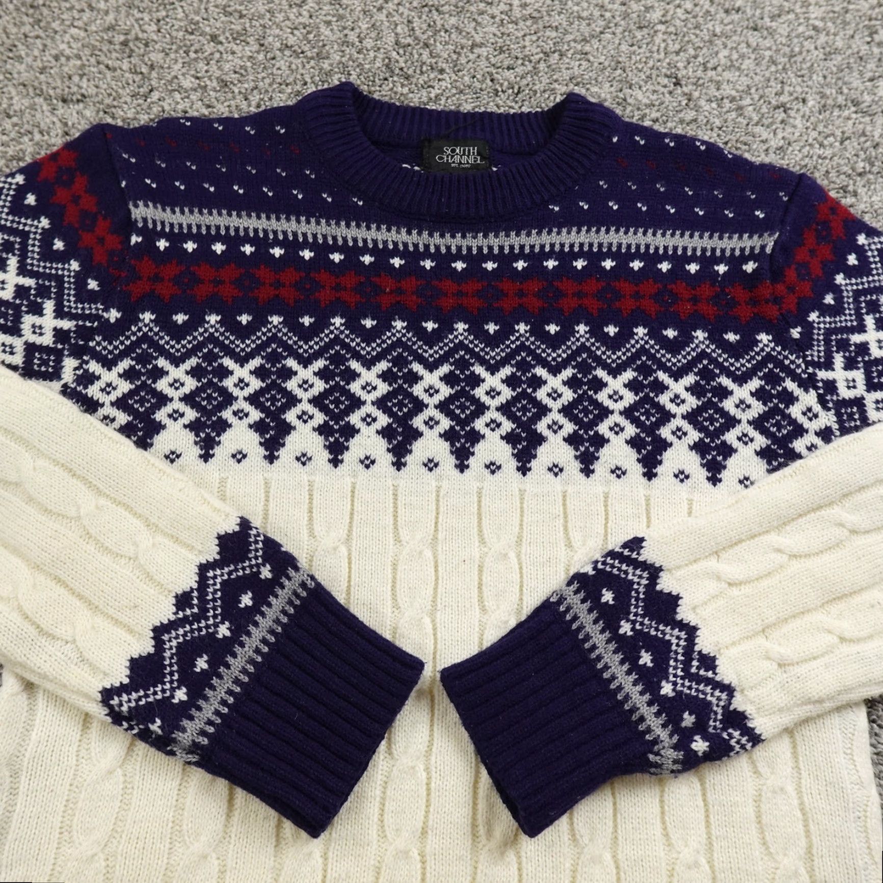 Vintage VTG Cable Knit Sweater Womens M White Blue Nordic Fair Isle Crewneck Sweatshirt Size M / US 6-8 / IT 42-44 - 3 Thumbnail