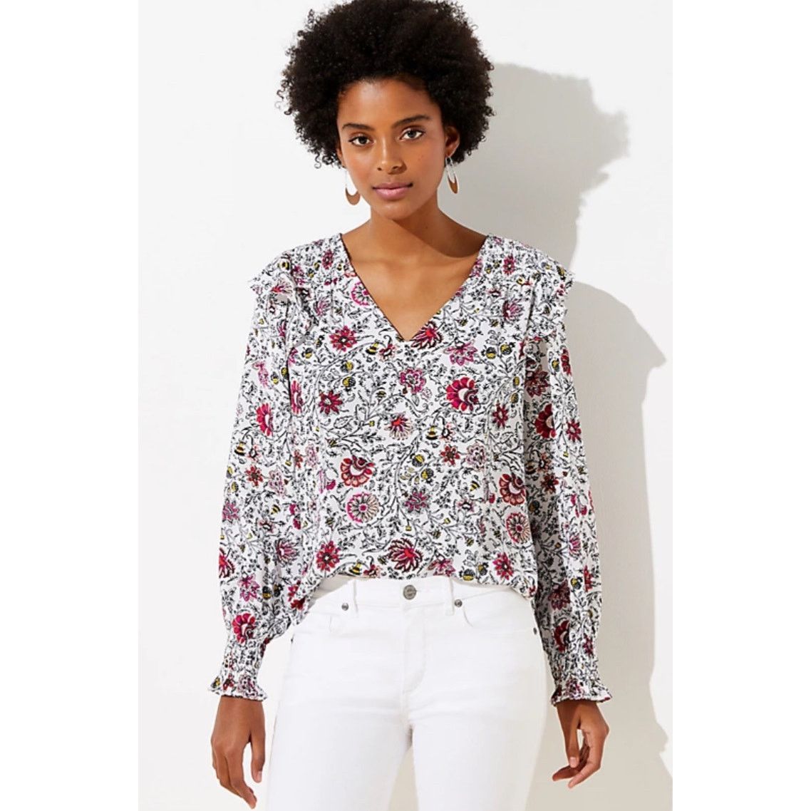 Ann Taylor LOFT Women’s Tapestry Smocked Ruffle Blouse Size Medium Size M / US 6-8 / IT 42-44 - 1 Thumbnail