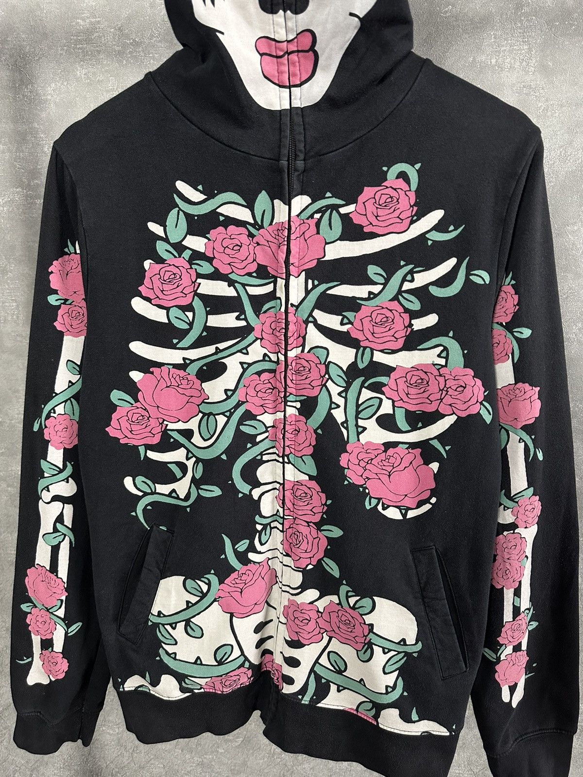 Japanese Brand × Vintage Vintage Skeleton Floral Pint Black Cotton Full Zip Hoodie Size M / US 6-8 / IT 42-44 - 3 Thumbnail