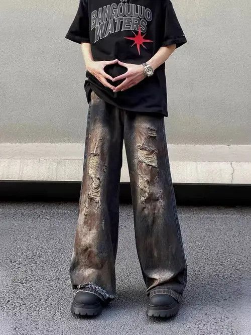 VIBE Retro Scimitar Pocket Distressed Wide Leg Jeans Size US 34 / EU 50 - 1 Thumbnail