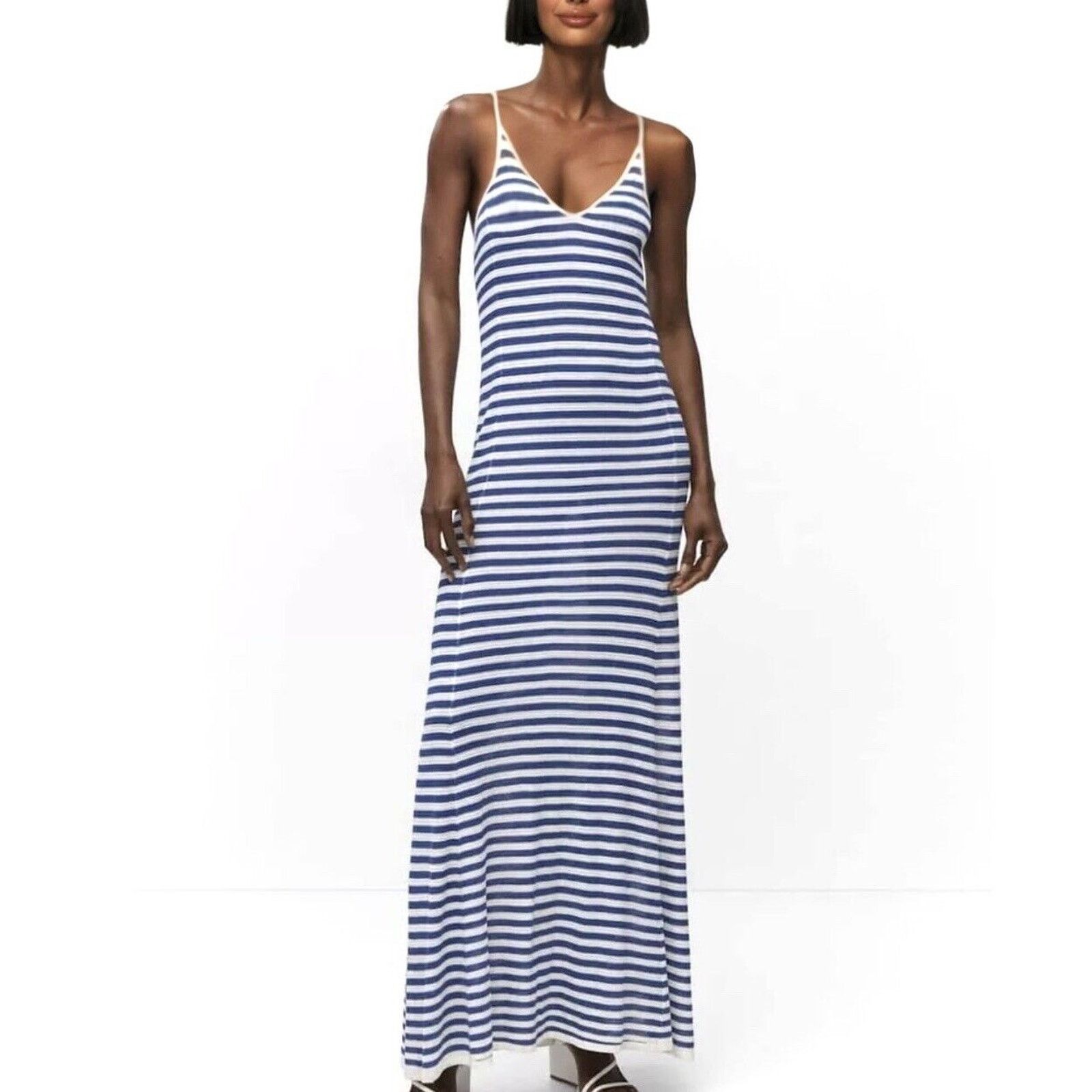 Mango MNG White Blue Striped V-Neck Thin Straps Maxi Dress XXS Size XXS / US 00 / IT 34 - 1 Thumbnail