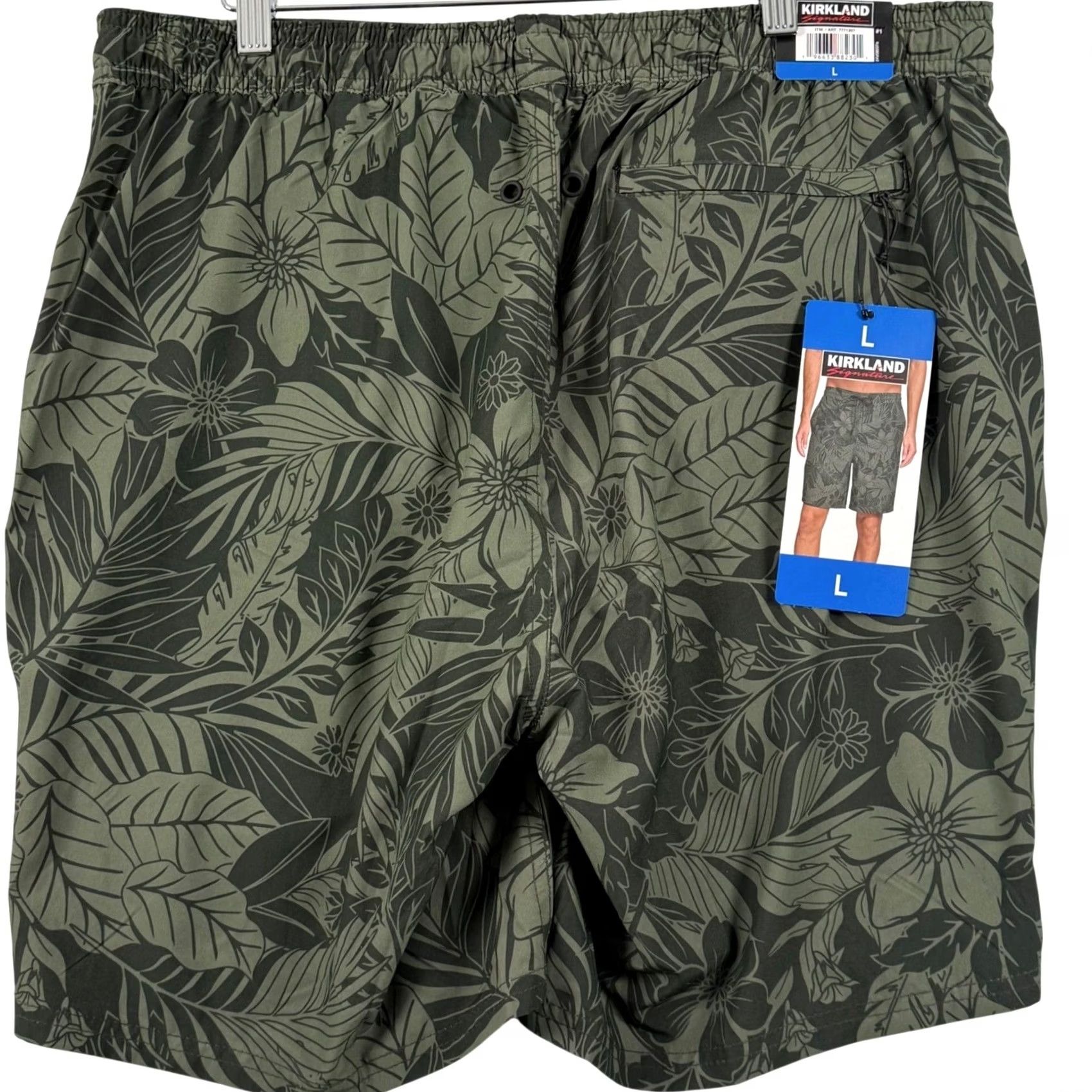 Vintage Kirkland Mens L Swim Trunks Green Floral Tropical Leaf Quick Dry Stretch NWT Back Pocket Drawstring Elastic Waist Lined Short Bottom Size US 33 - 2 Thumbnail