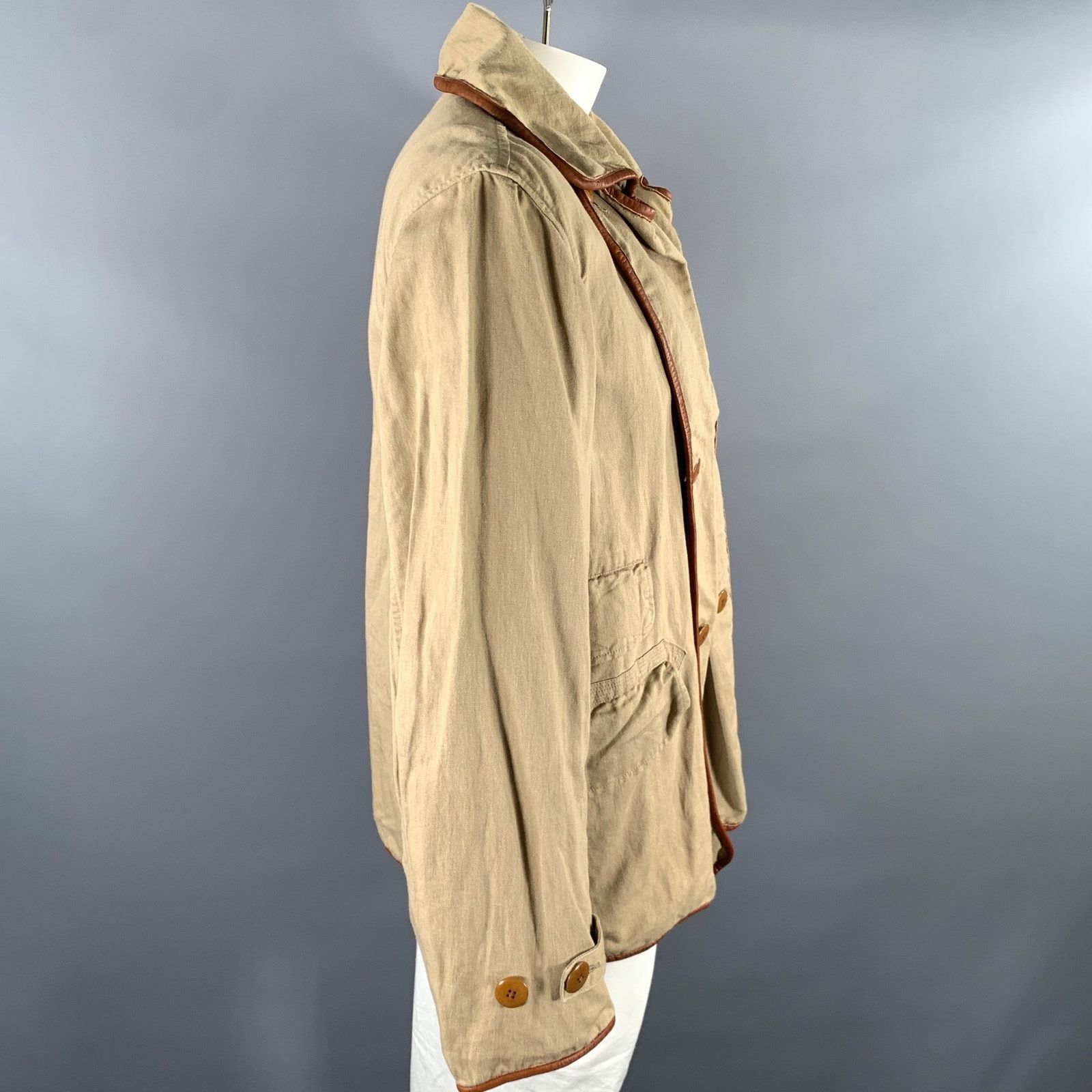 Kapital KAPITAL XL Khaki Cotton Hemp Leather Trim Notch Lapel Jacket Size US XL / EU 56 / 4 - 3 Thumbnail