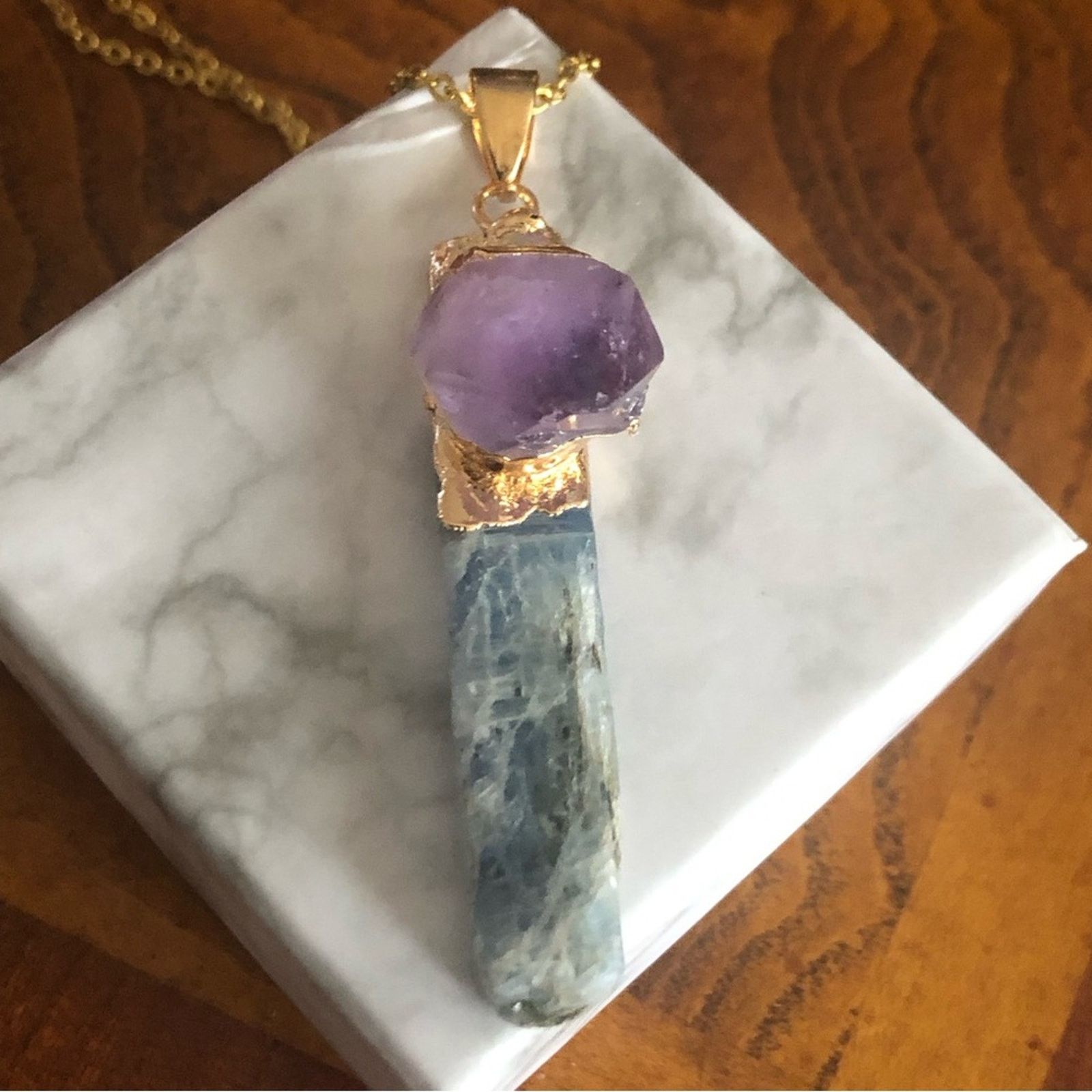 Handmade Handcrafted genuine kyanite and amethyst quartz necklace Size ONE SIZE - 3 Thumbnail
