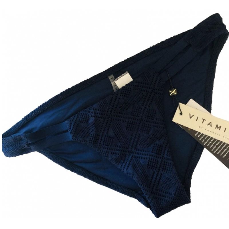 Anthropologie NEW VITAMIN A Navy Blue Textured Cutout Strap Bikini Bottom Size ONE SIZE - 1 Thumbnail