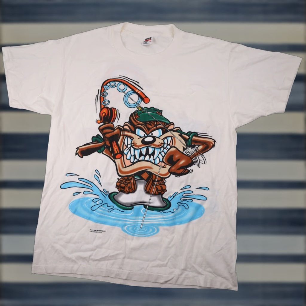 Vintage VINTAGE Looney Tunes Mens XL Fishing Taz Front Back Print Graphic T Shirt White Size US XL / EU 56 / 4 - 1 Thumbnail