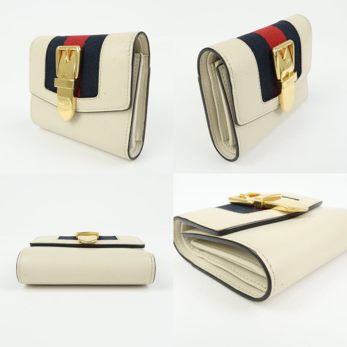 Gucci Gucci Sylvie Web Leather Tri-Fold Wallet Cream Size ONE SIZE - 3 Thumbnail