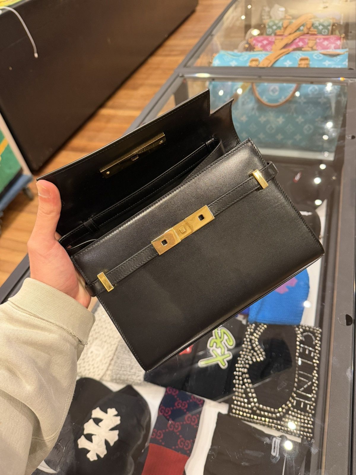 Saint Laurent Paris YSL Manhattan Shoulder Bag In Box Leather Black Small Size ONE SIZE - 6 Thumbnail