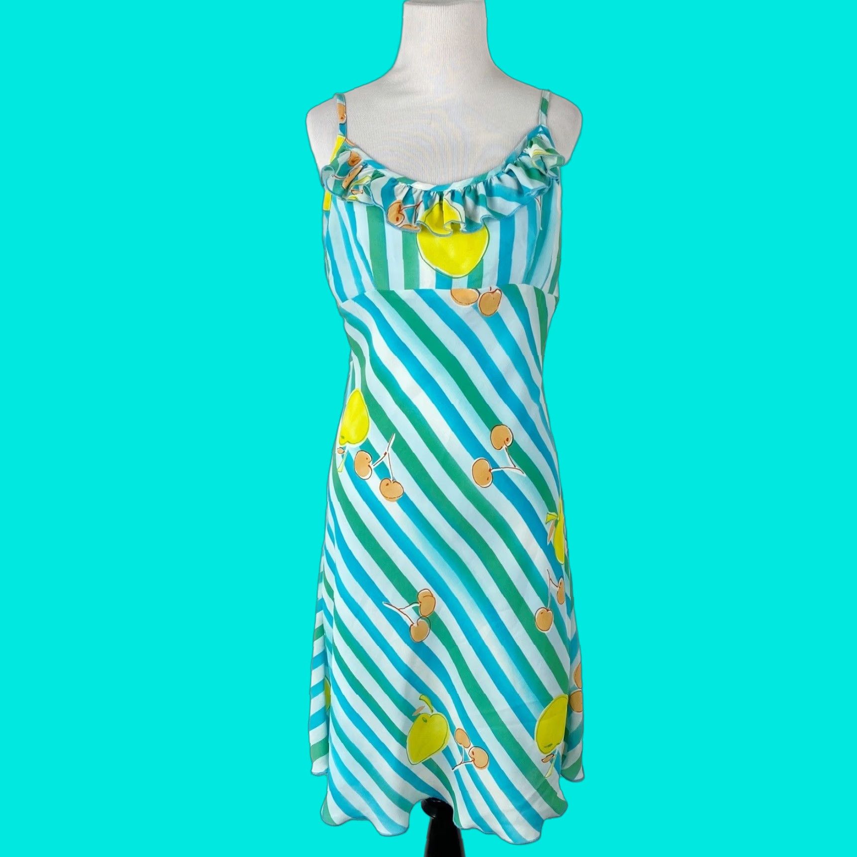VINTAGE My Future Design Womens Sheath Dress 1980s Mini Party Turquoise Cherry Print Small