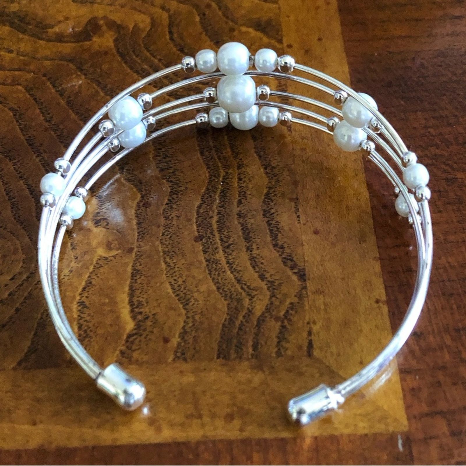 Jewelry Silver plated multi strand wired faux Pearl cuff bracelet Size ONE SIZE - 6 Thumbnail