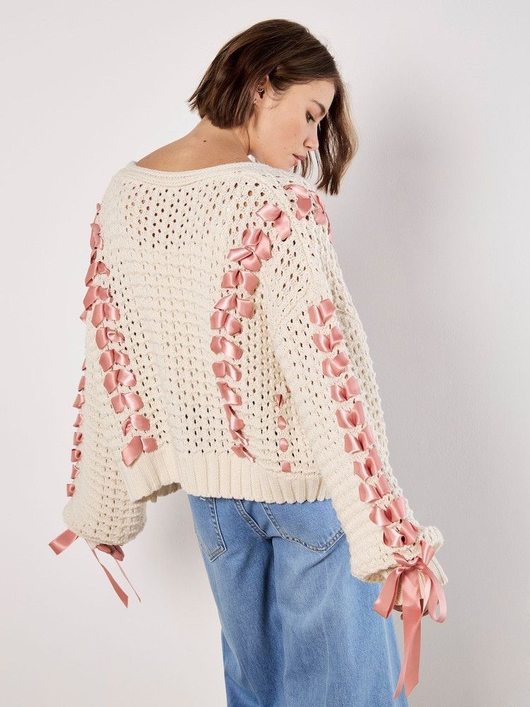 Handmade Handmade Knit Rose Ribbons Crop Cardigan Women's Plus 1X Size XL / US 12-14 / IT 48-50 - 4 Thumbnail