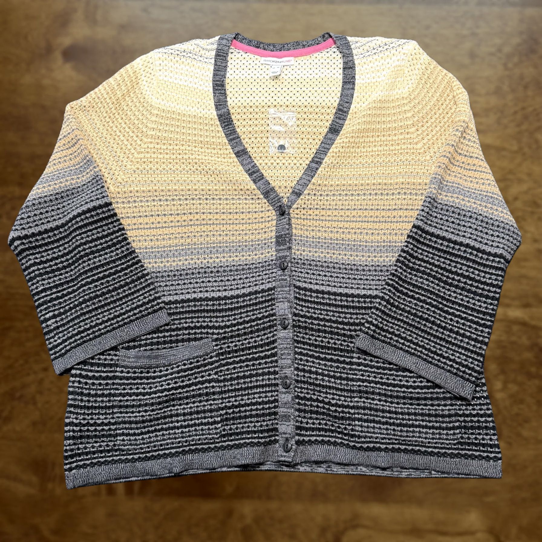 Vintage Isaac Mizrahi Live! Cardigan Womens XL Gray Striped Open-Knit Pockets Size XL / US 12-14 / IT 48-50 - 1 Thumbnail