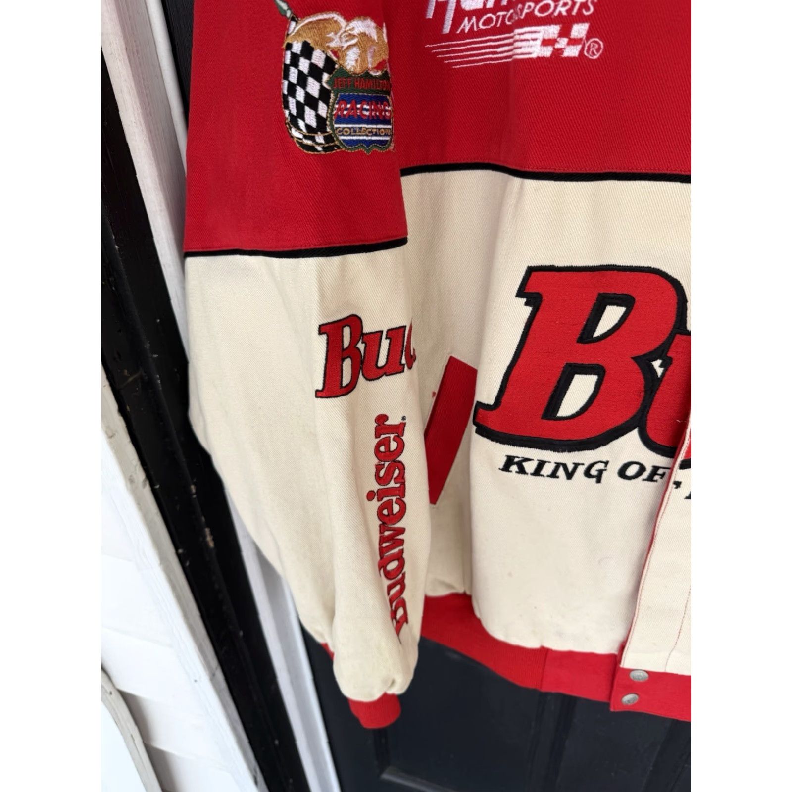 Budweiser VINTAGE Budweiser King Of Beers Jeff Hamilton NASCAR Jacket Mens Size XXL Red Bomber Jacket Be a beer theme Racing Casual Size US XXL / EU 58 / 5 - 5 Thumbnail