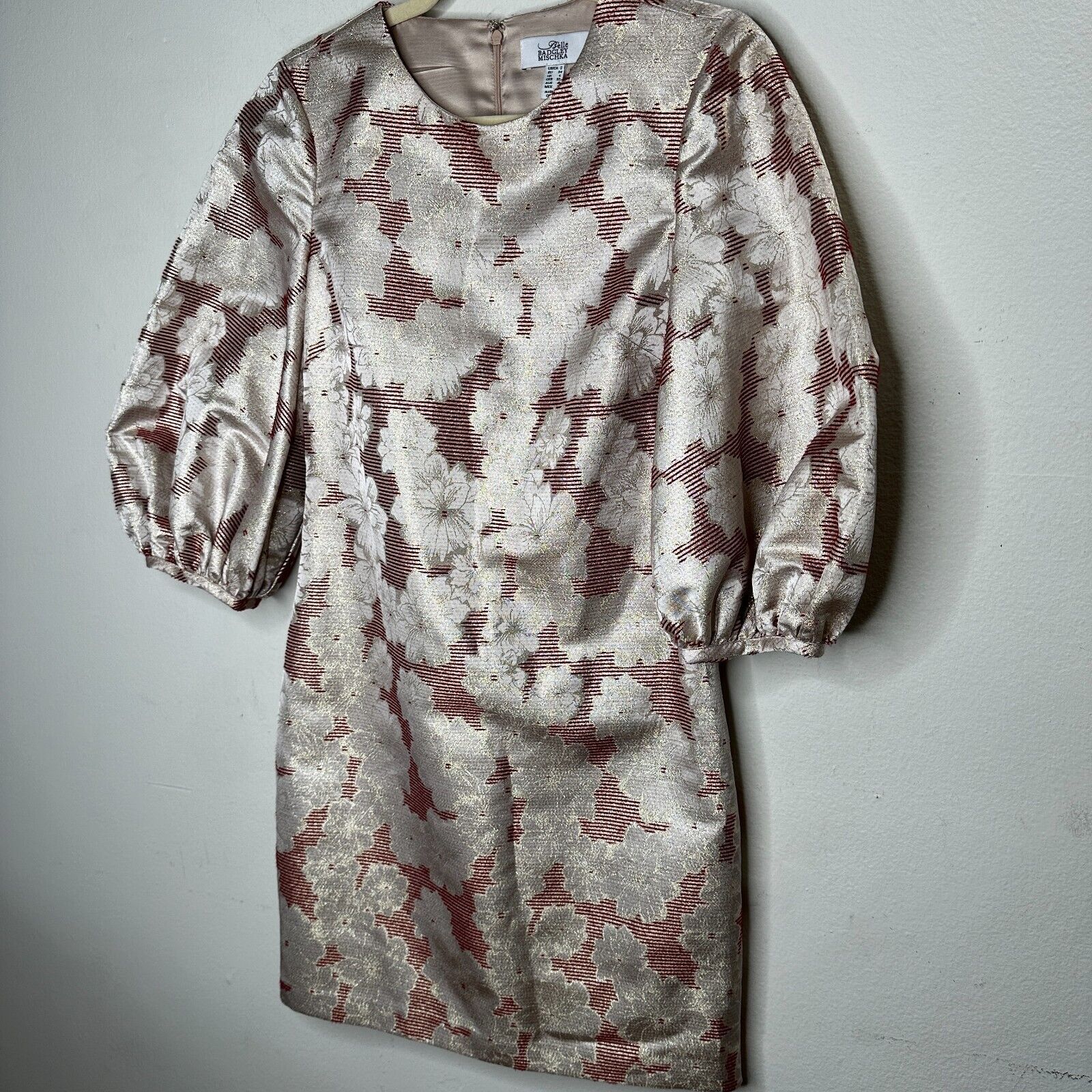 Badgley Mischka Belle Badgley Mischka Red Gold Metallic Stripe Floral Dress Size XS / US 0-2 / IT 36-38 - 2 Thumbnail