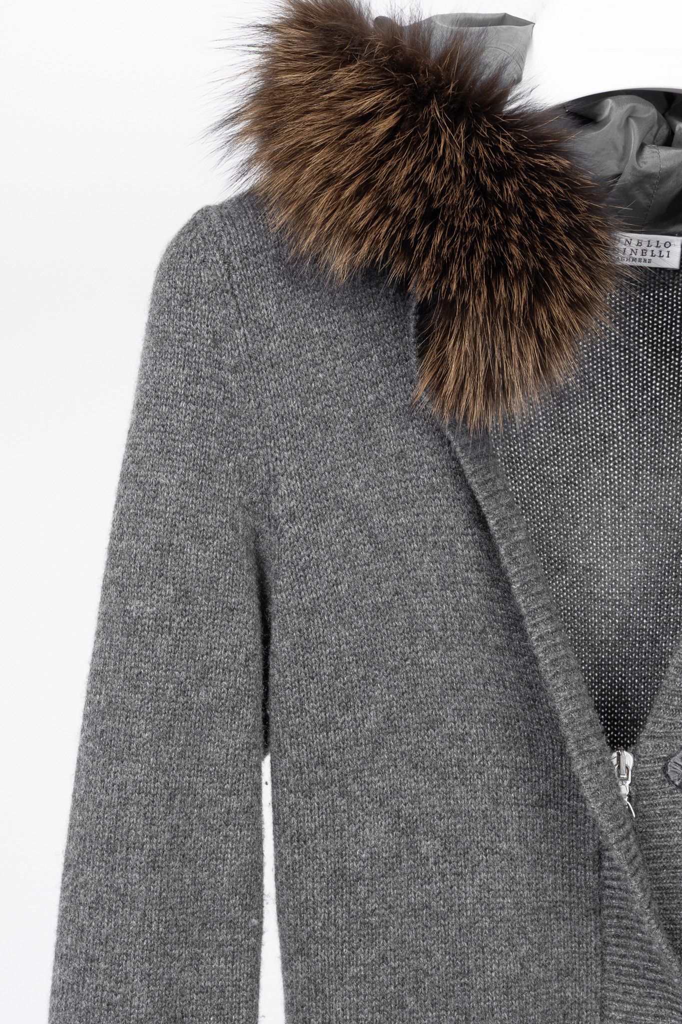 Brunello Cucinelli Brunello Cucinelli Grey Cashmere Fur-Trim-Hood Zip Cardigan Size S / US 4 / IT 40 - 5 Thumbnail
