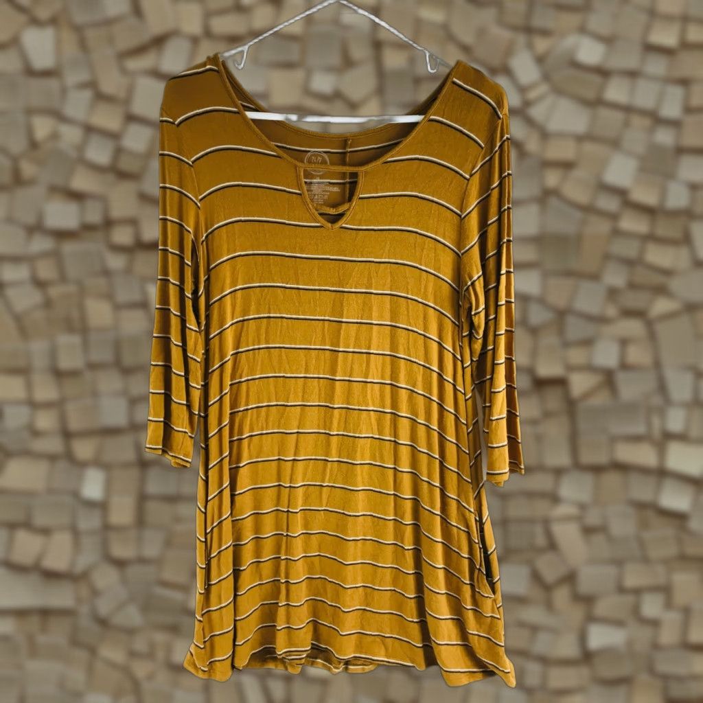 Vintage Maurices Dress Shirt Dress Women's M Light Brown Long Sleeve Boatneck Striped Pockets Size M / US 6-8 / IT 42-44 - 1 Thumbnail