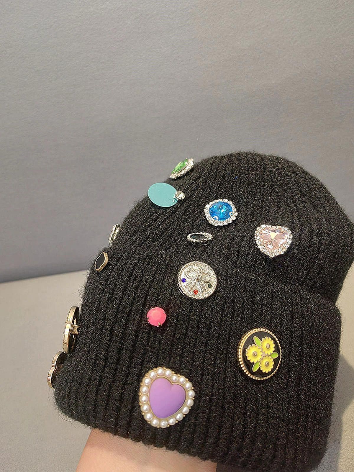 Other Black Beanie Hat with Colorful Gems and Badges Size ONE SIZE - 7 Thumbnail