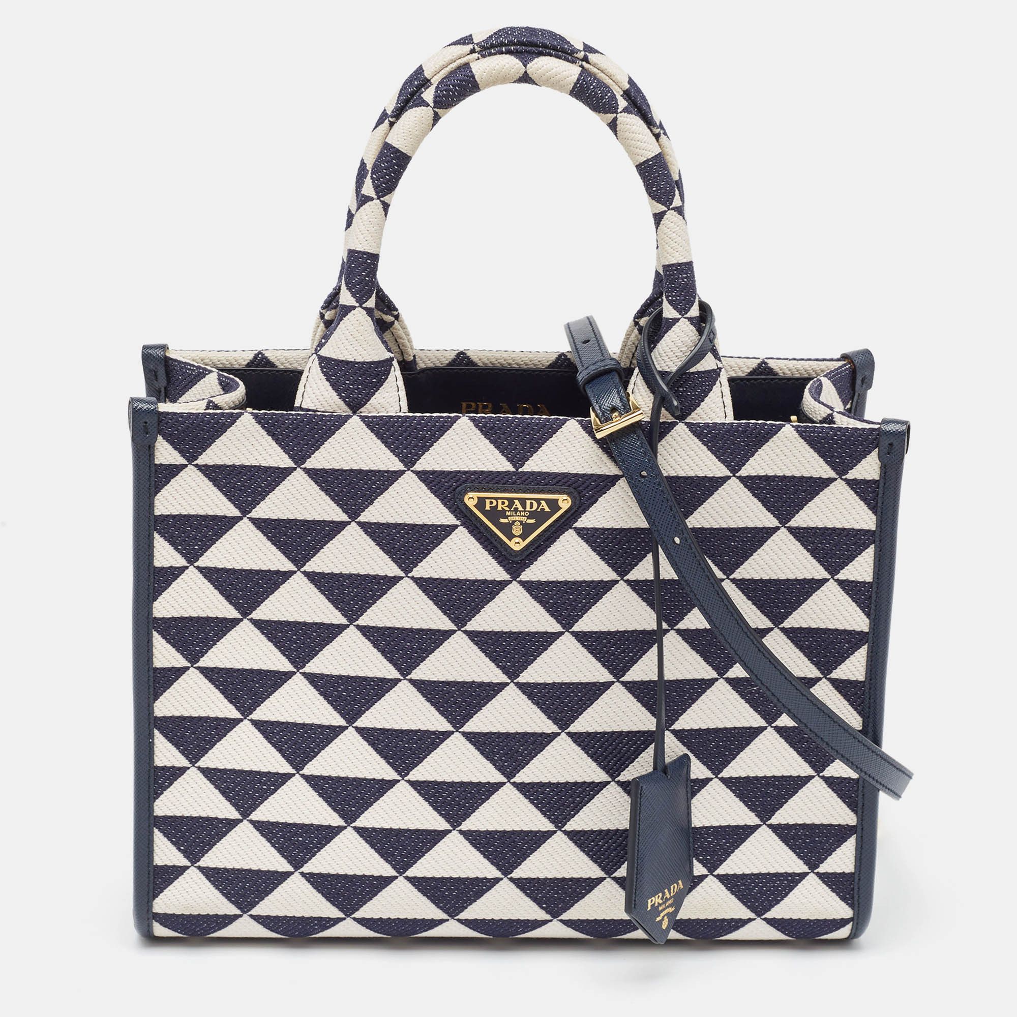 image of Prada Baltic Blue/chalk White Embroidered Fabric Small Symbole Tote, Women's