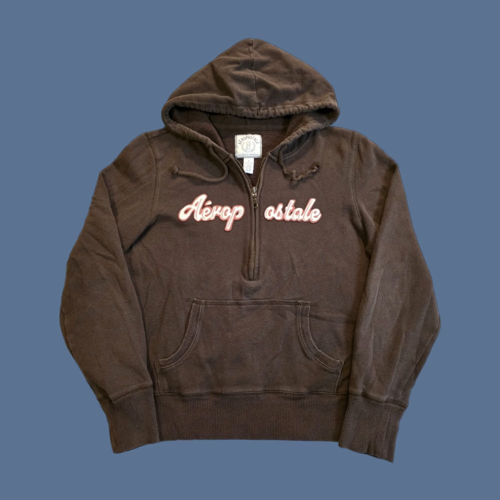 Vintage VINTAGE Aeropostale 1/2 Zip Hoodie Brown Womens Large Embroidered Spellout Logo Pocket Hooded Crew Neck Fleece Cotton Polyester Fall Winter Spring Size L / US 10 / IT 46 - 1 Thumbnail