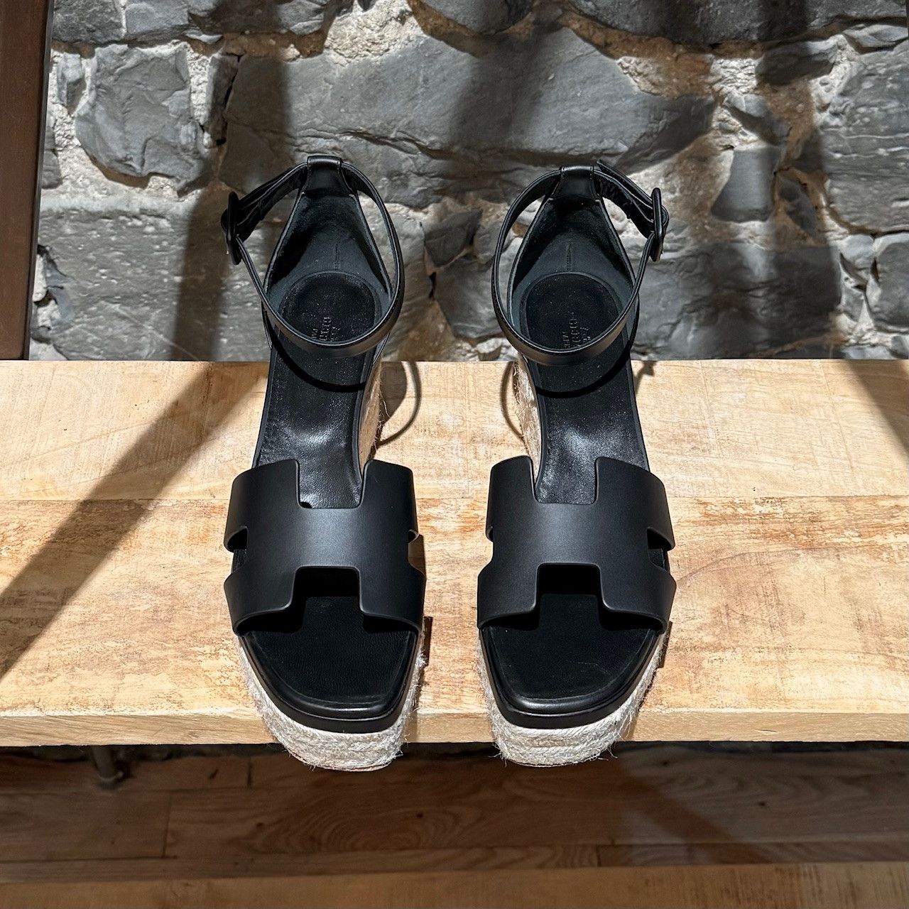 Hermes Hermès Black Leather Elda Wedges Espadrilles H Sandals Size US 11 / IT 41 - 3 Thumbnail