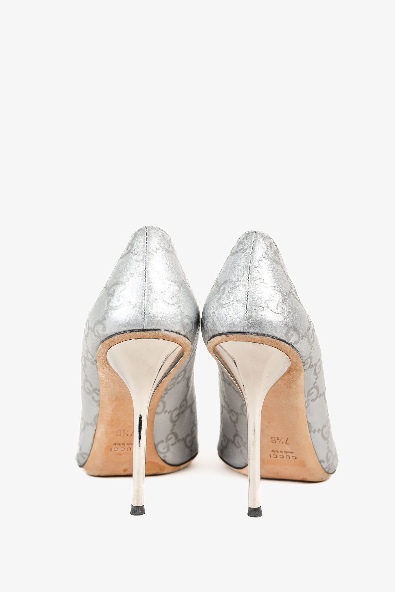 Gucci Guccisimma Silver Horsebit Metal Heel Open-Toe Pump