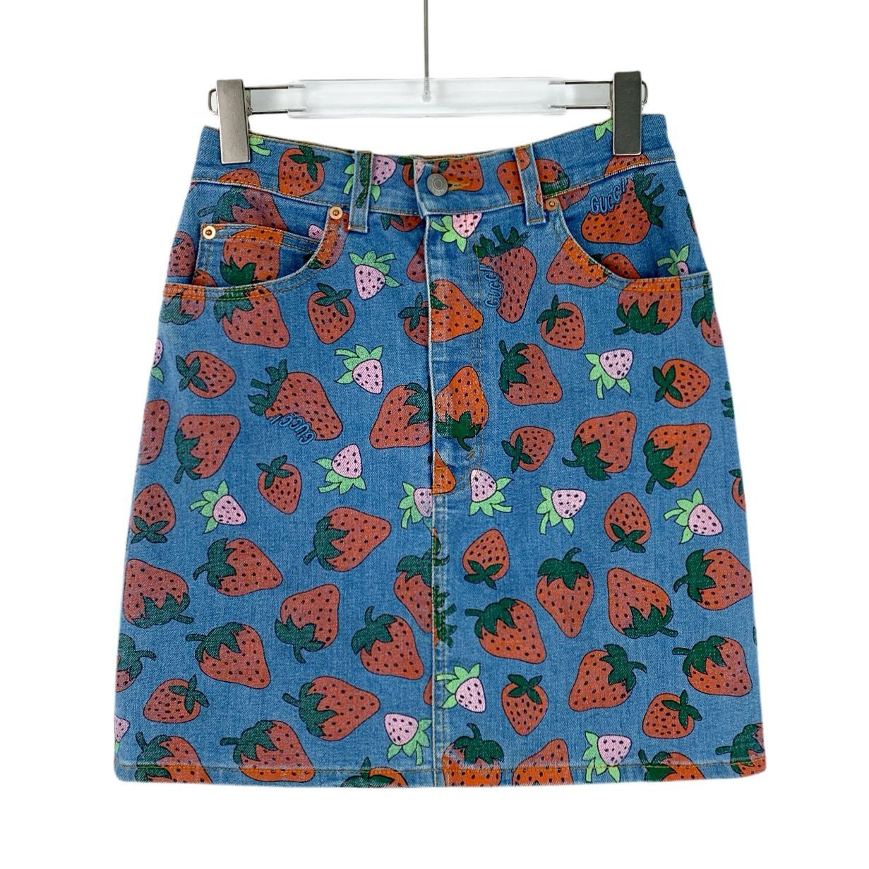 Gucci Gucci Blue Strawberry Print Cotton Denim Skirt Size 40M Made Size 40" / US 18 - 9 Thumbnail