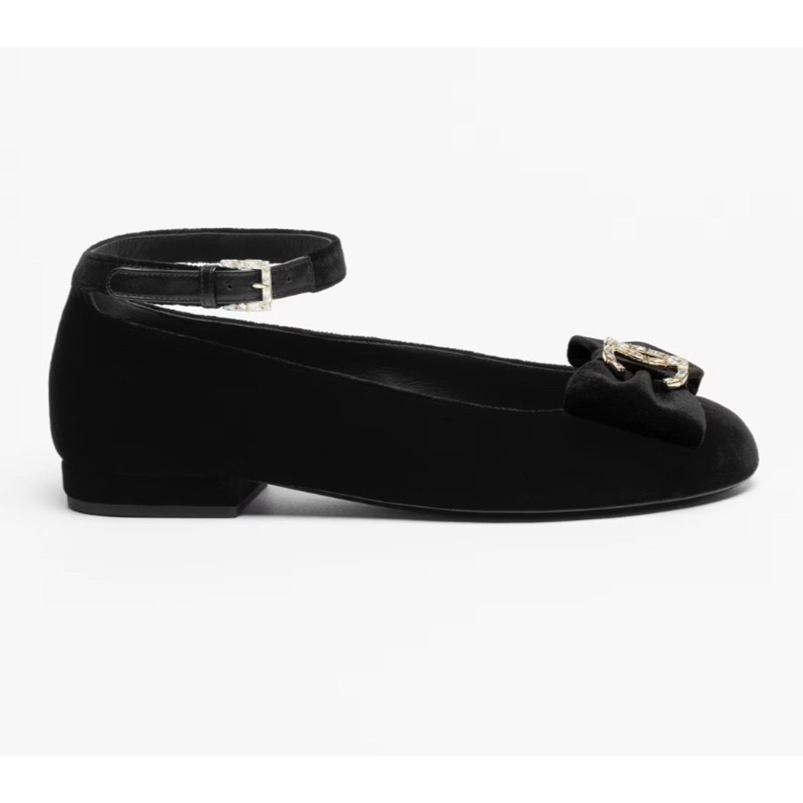Chanel Chanel Black Velvet Crystal CC Bow Ankle Strap Flat 38.5 Size US 8.5 / IT 38.5 - 3 Thumbnail