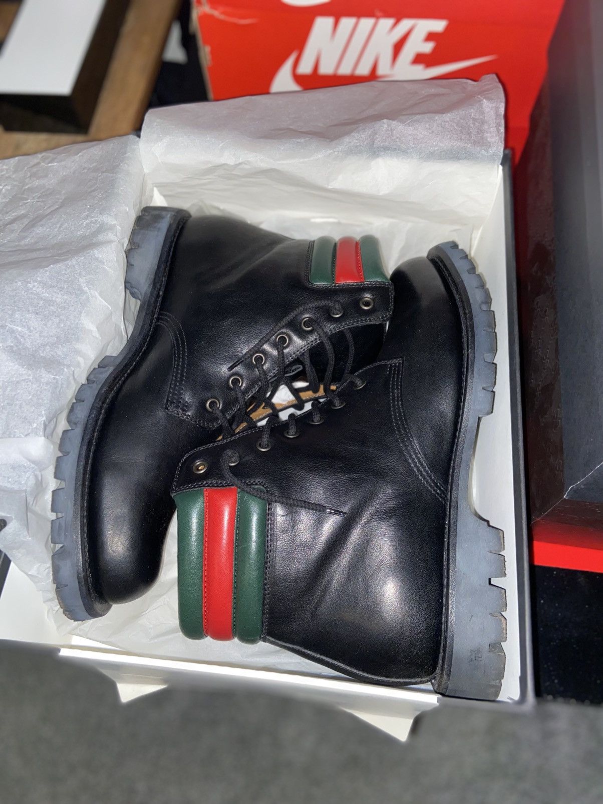 Gucci Gucci Black Leather Hiking Boots (Web Stripe Collar) Size US 11 / EU 44 - 1 Thumbnail