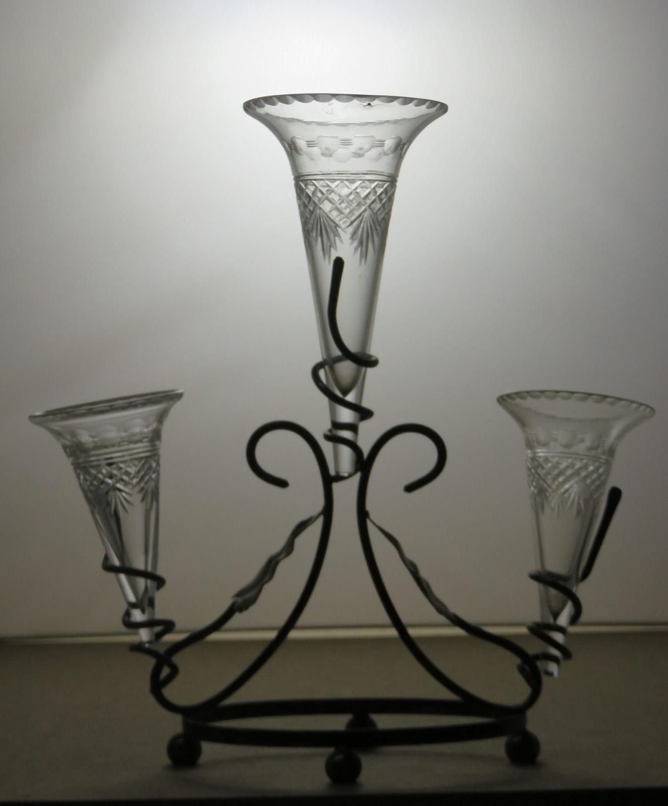 The Unbranded Brand Vintage Metal Stand with 3 Cut Crystal Flutes 11 1/2" Size ONE SIZE - 3 Thumbnail
