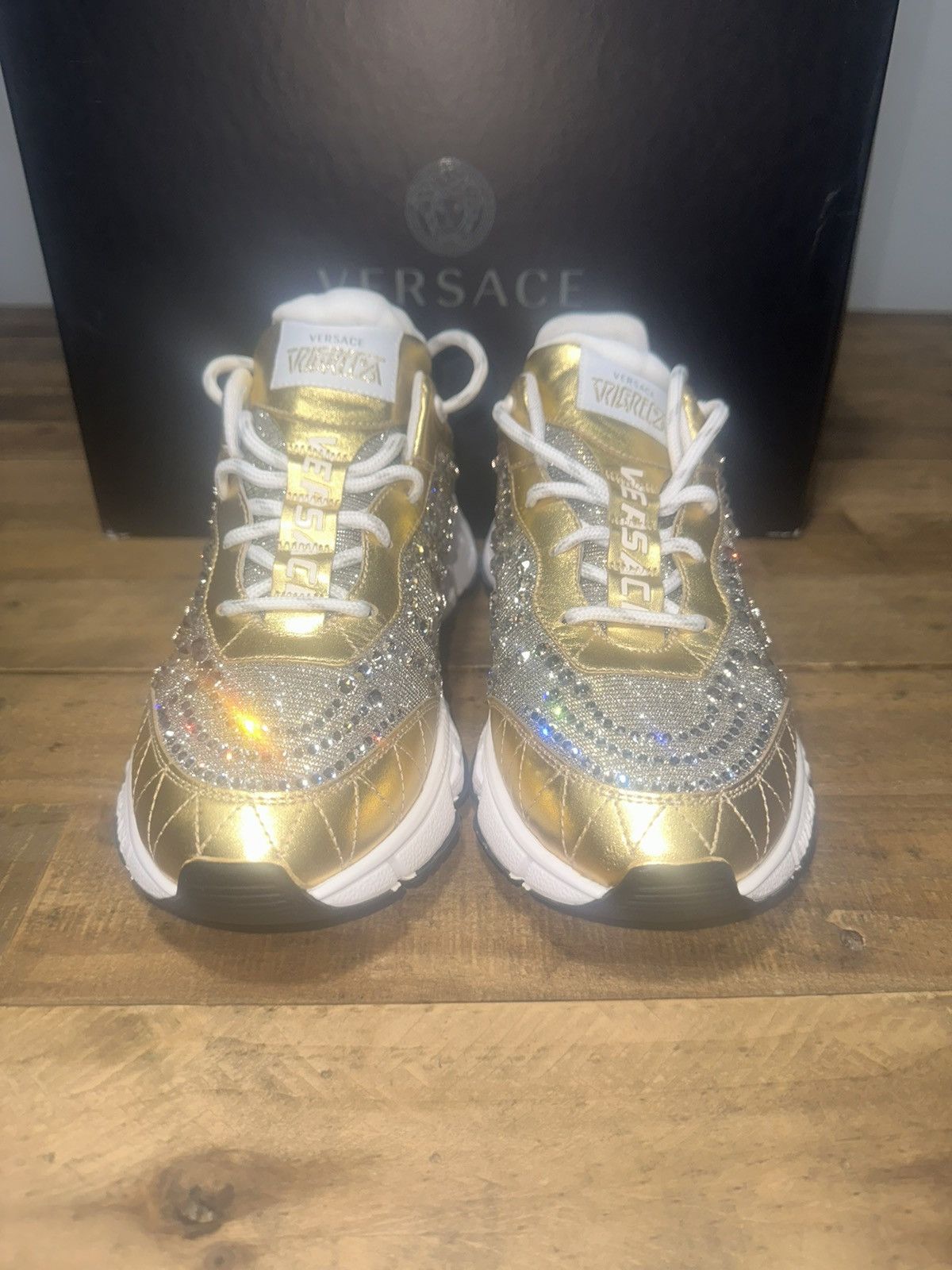 image of Versace Crystal Trigreca Sneakers in Gold, Women's (Size 9.5)