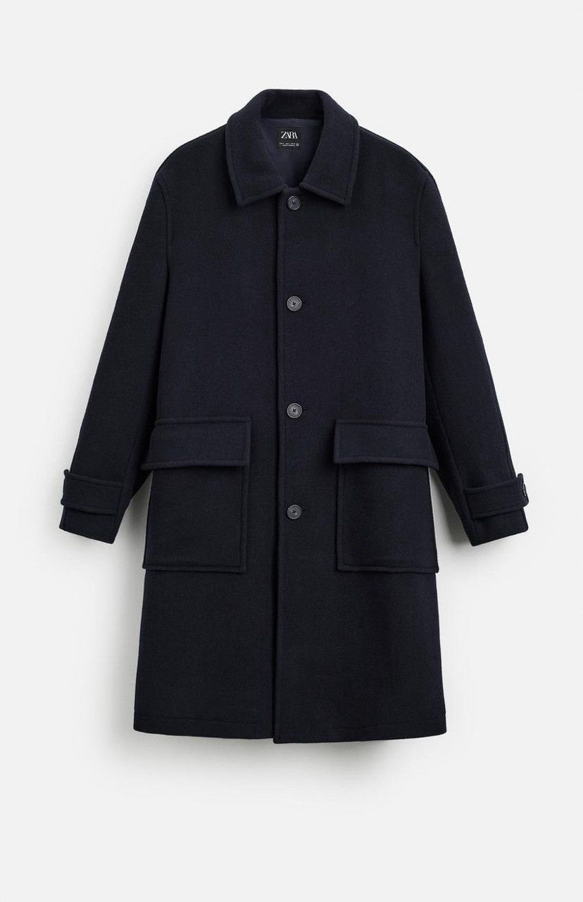 Zara Men's Relaxed Wool Blend Felt Texture Coat Navy Size L