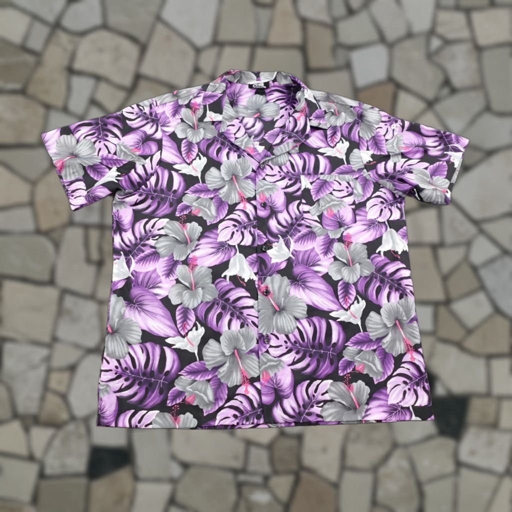 Vintage Hilo Hattie Shirt Mens Large Purple Hawaiian Aloha Floral Camp Button Up