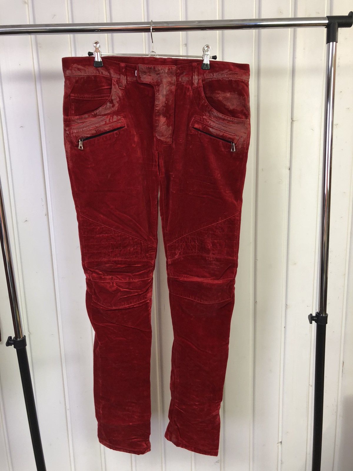 image of Balmain Red Velour Waxed Biker Jeans, Men's (Size 30)