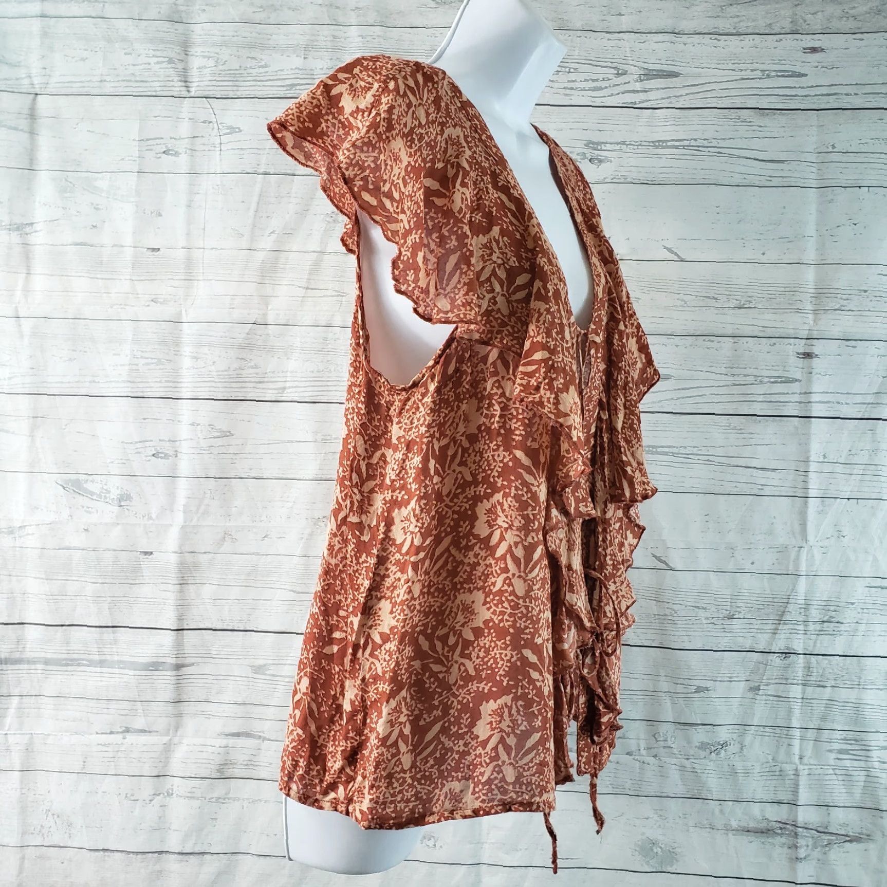 Vintage Amuse Society Blouse Shirt Womens Solana Top L Rust Red Lace Up Front Ruffle Floral Short Sleeve Vintage No Size L / US 10 / IT 46 - 3 Thumbnail