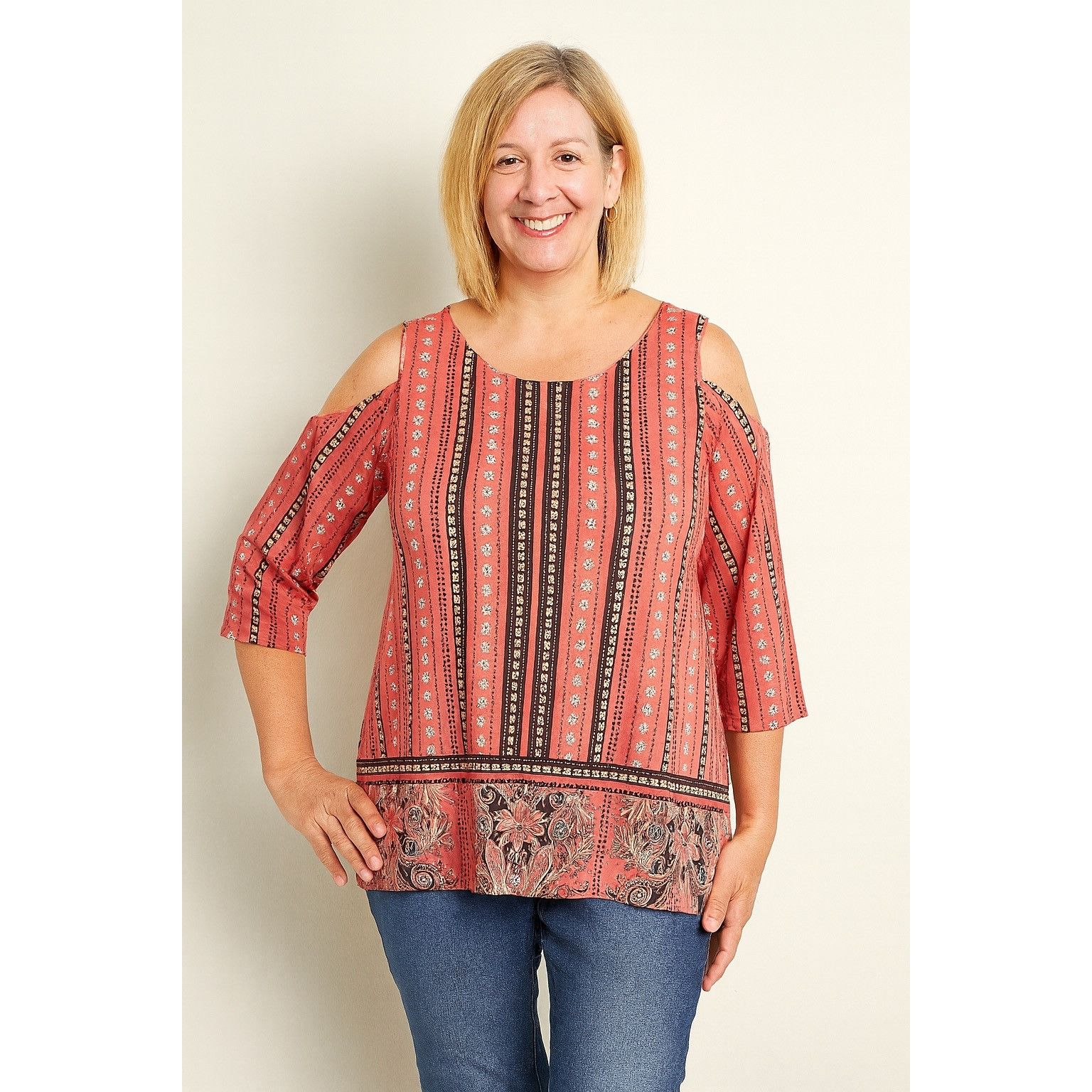 JM Collection JM Collection Mixed Print Shoulder Crepe 3/4 sleeves coral Size M / US 6-8 / IT 42-44 - 1 Thumbnail