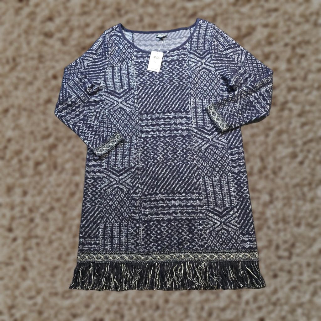 Lucky Brand Lucky Brand Dress Womens XL Blue Knit Fringe Western Skein Sweater Midweight Geometric Num Era? Size XL / US 12-14 / IT 48-50 - 1 Thumbnail