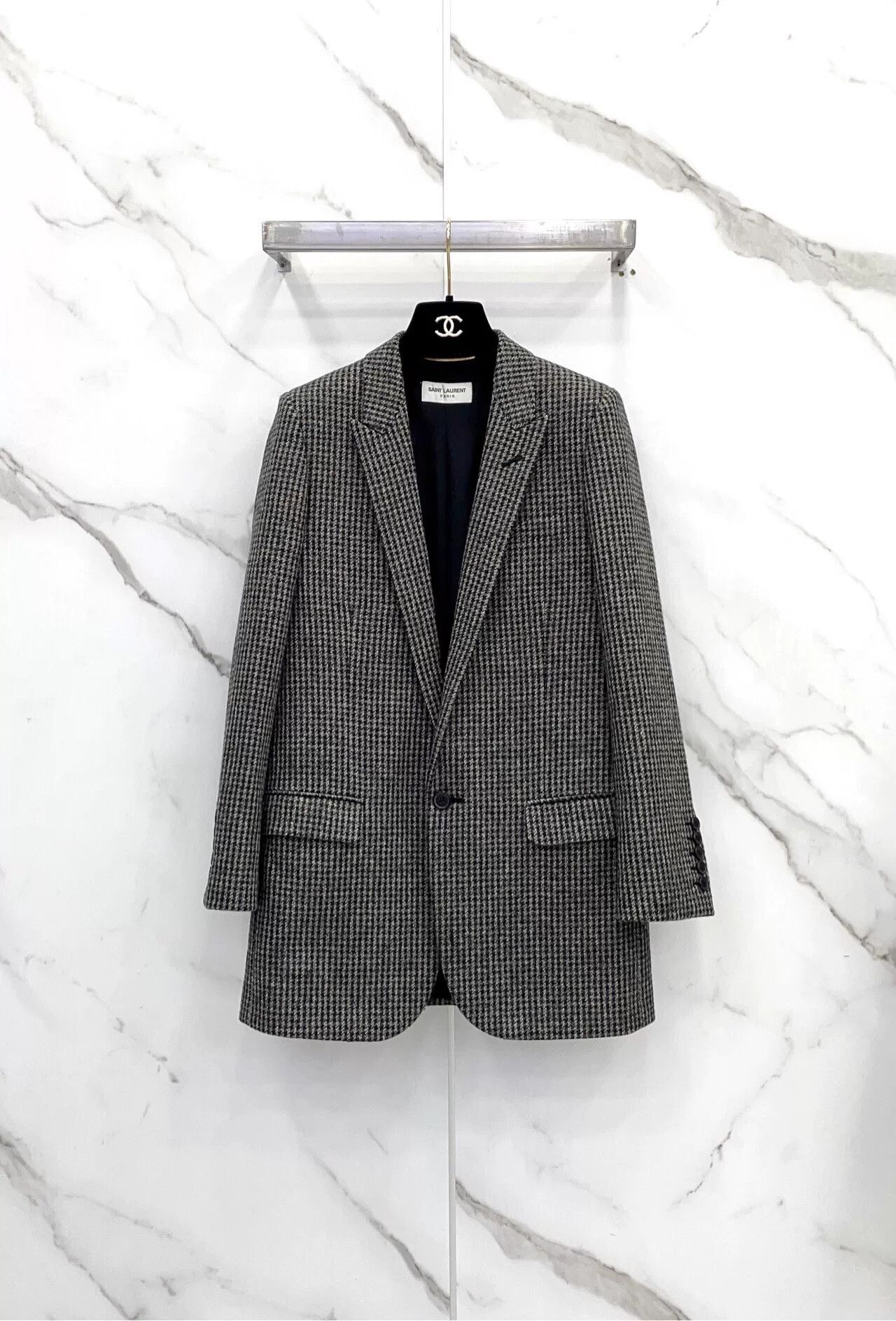 Saint Laurent Paris Saint Laurent Black Houndstooth Wool Blazer Size XXS / US 00 / IT 34 - 1 Thumbnail